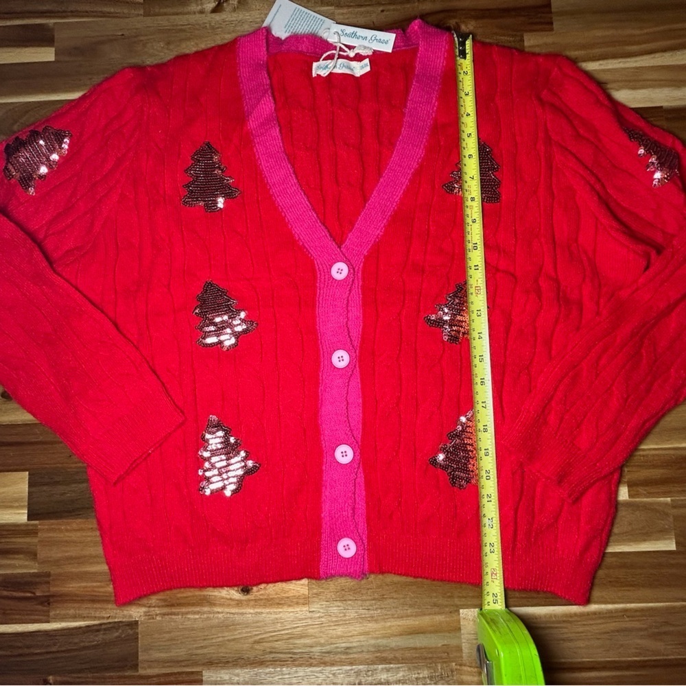 Southern Grace Bright Red Button Down Oversized Cardigan Pink Trim Sequin Trees - Picture 5 of 11